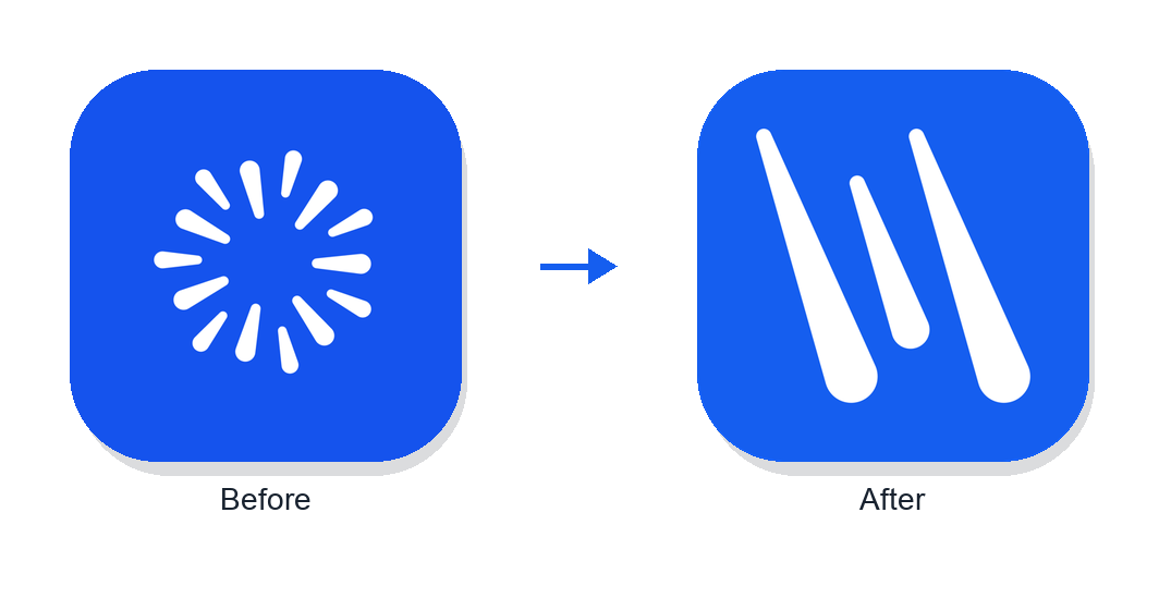 Before and after: the old circular abstract rain mark next to the new three falling raindrops app icon.