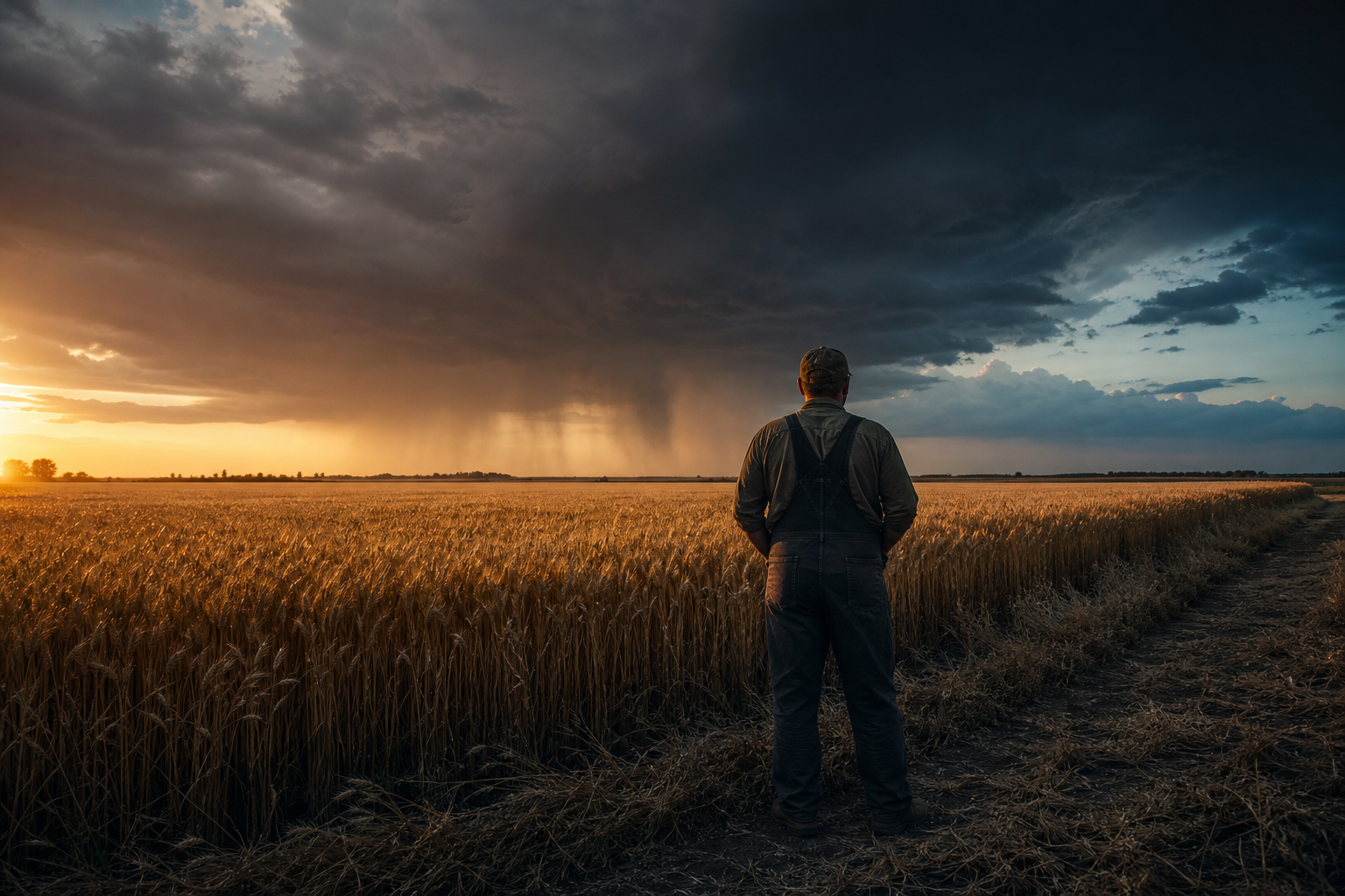 Farmer at the edge of a wheat field watching a distant storm