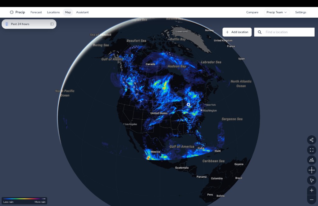 Precip map zoomed out to a globe, showing 24 hours of rainfall sweeping across North America