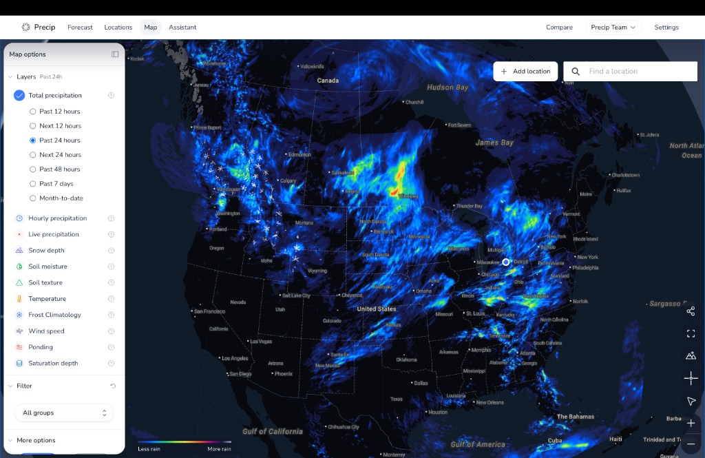 Precip map of the United States with the layers panel open, showing total precipitation over the past 24 hours
