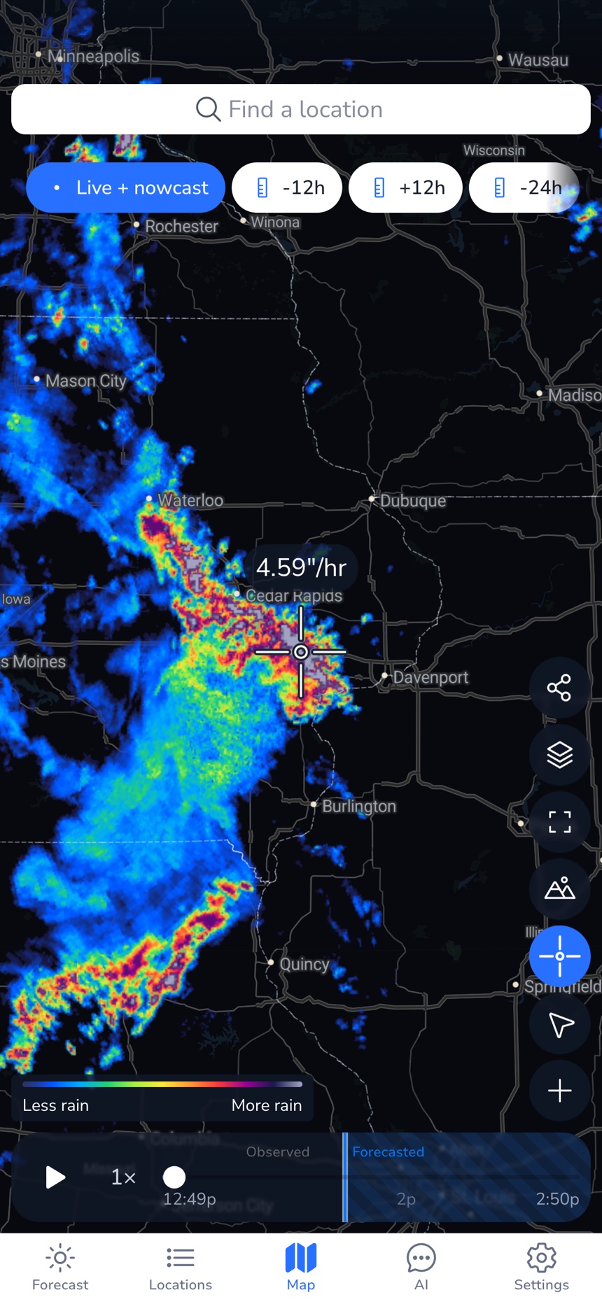 Live precipitation radar on mobile showing a storm cell over Cedar Rapids at 4.59 inches per hour